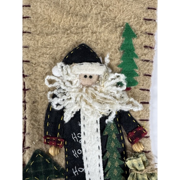 Vintage Tan Primitive Penny Felt Applique Christmas Stocking Santa Clause - Picture 2 of 11